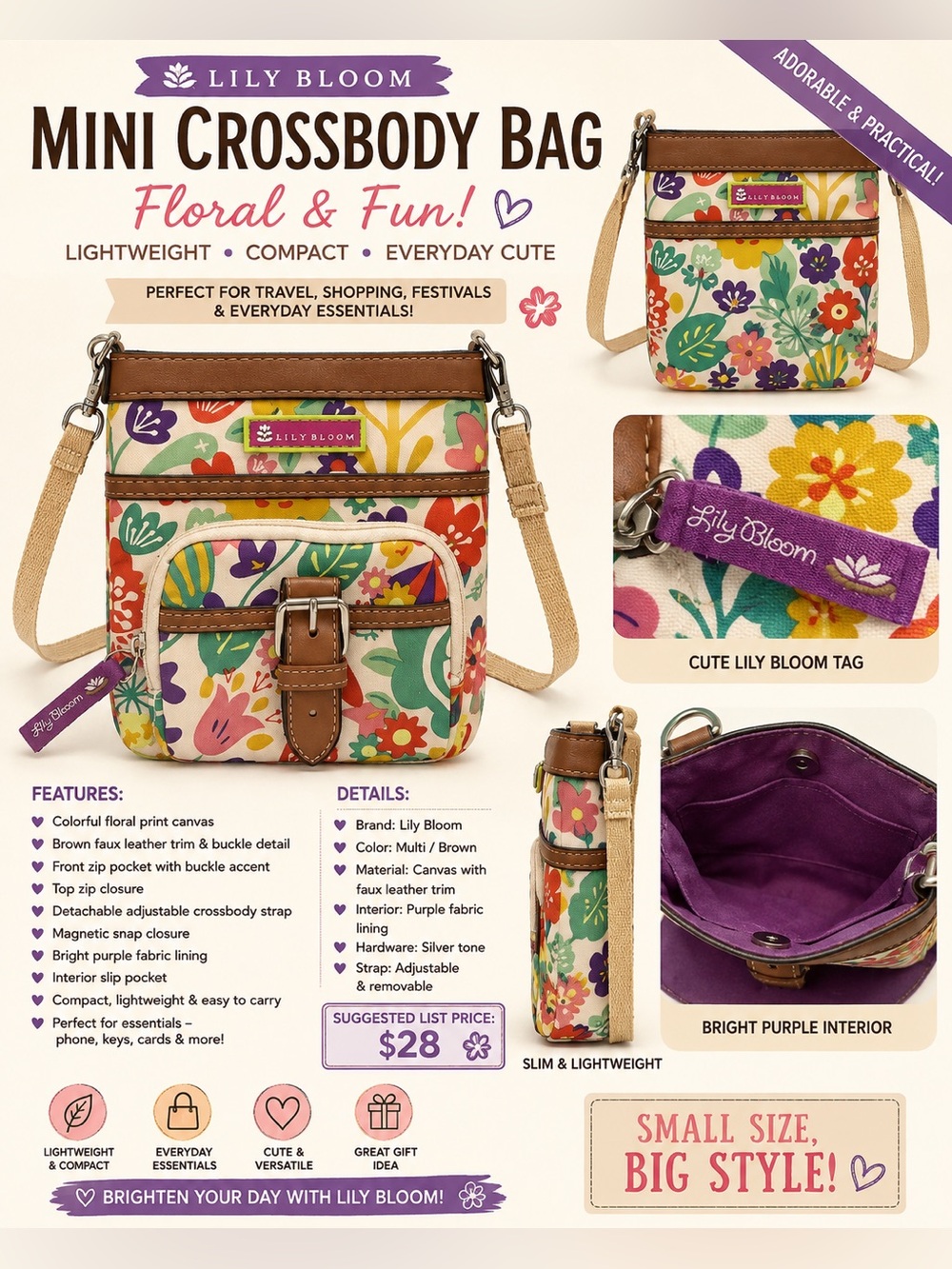 Lily Bloom Multi Floral Mini Crossbody with Brown Trim